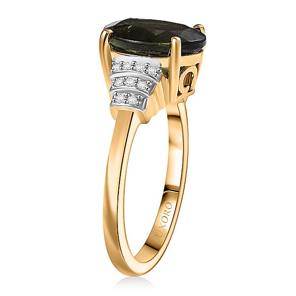Luxoro 10K Yellow Gold AAA Bohemian Moldavite Diamond (G-H I2) Ring 3.10 Ctw