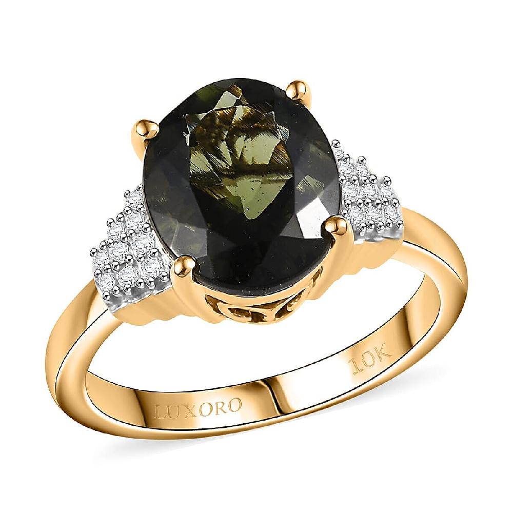Luxoro 10K Yellow Gold AAA Bohemian Moldavite Diamond (G-H I2) Ring 3.10 ctw