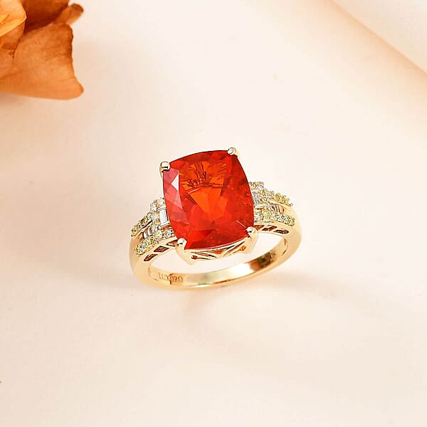 Luxoro 10K Yellow Gold AAA Crimson Fire Opal I2 Natural Yellow And White Diamond Ring 4 Grams 4.00 Ctw