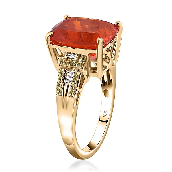Luxoro 10K Yellow Gold AAA Crimson Fire Opal I2 Natural Yellow And White Diamond Ring 4 Grams 4.00 Ctw