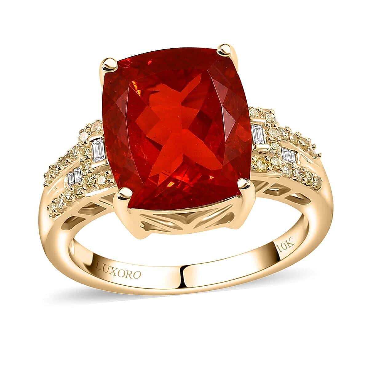 Luxoro 10K Yellow Gold AAA Crimson Fire Opal I2 Natural Yellow and White Diamond Ring 4 Grams 4.00 ctw
