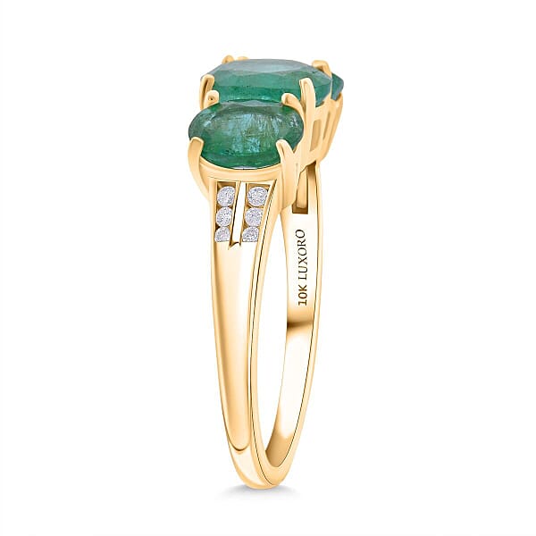 Luxoro 10K Yellow Gold AAA Kagem Zambian Emerald Diamond (G-H I2) Trilogy Ring 2.90 Ctw