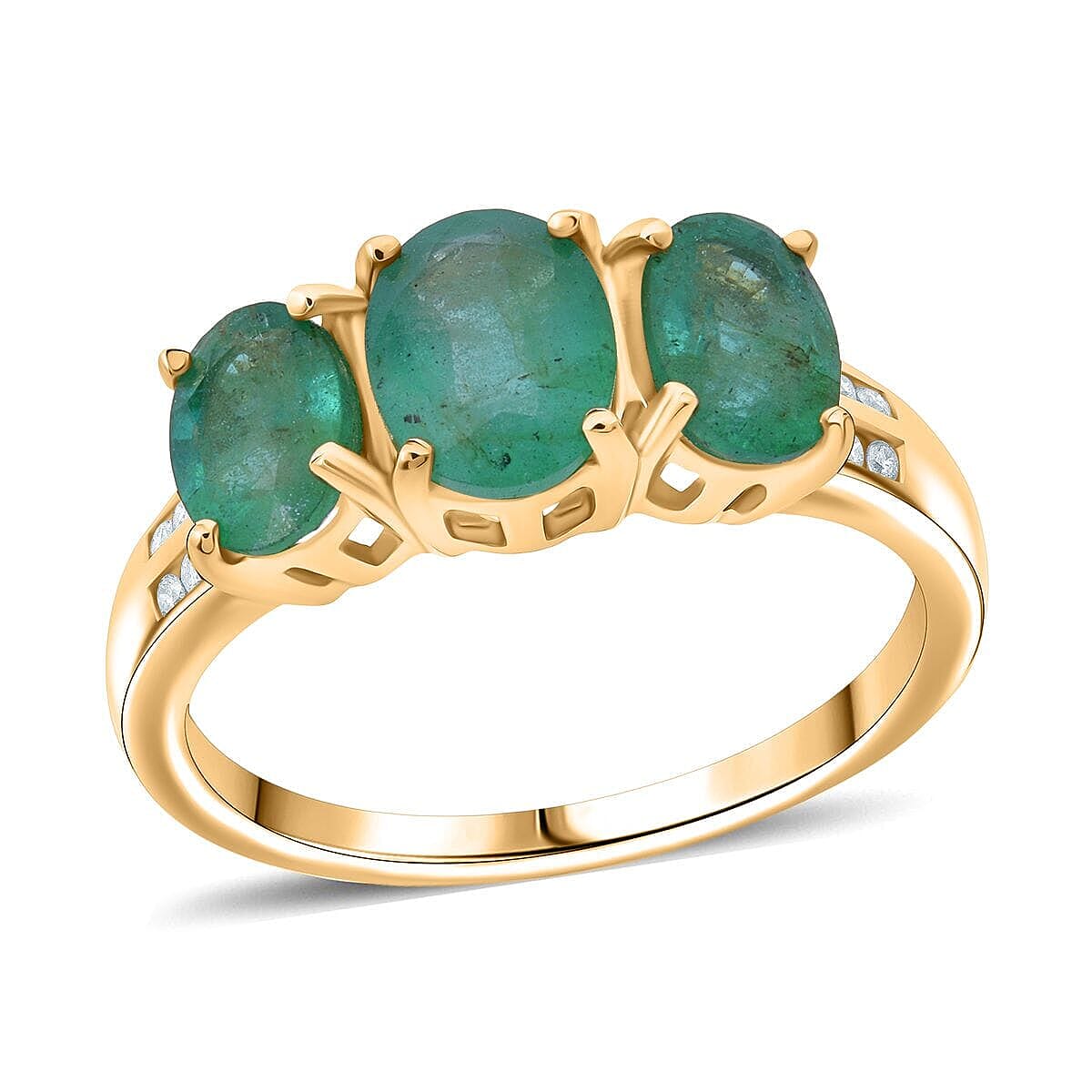 Luxoro 10K Yellow Gold AAA Kagem Zambian Emerald Diamond (G-H I2) Trilogy Ring 2.90 ctw