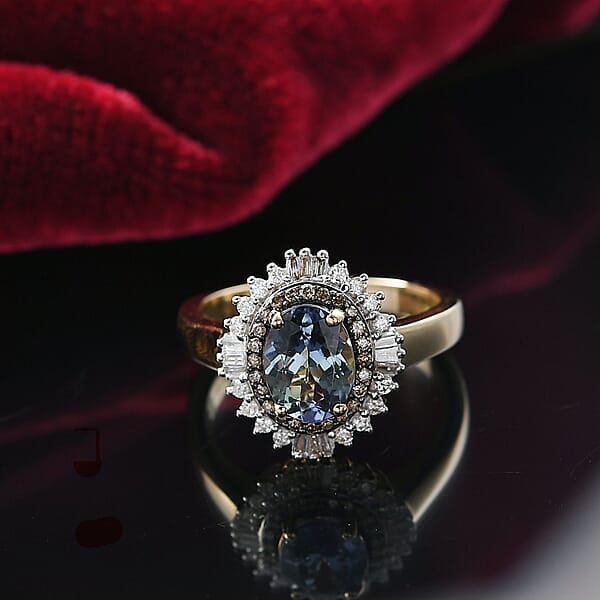 Luxoro 10K Yellow Gold AAA Peacock Tanzanite Natural Champagne And White Diamond (I2) Sunburst Ring 2.15 Ctw