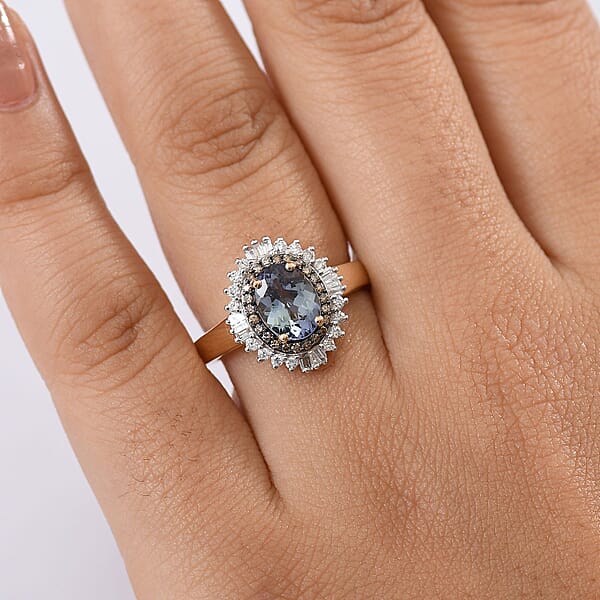 Luxoro 10K Yellow Gold AAA Peacock Tanzanite Natural Champagne And White Diamond (I2) Sunburst Ring 2.15 Ctw