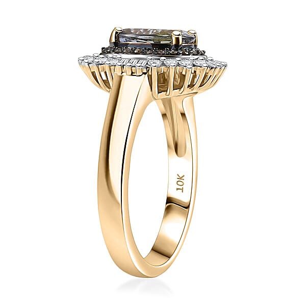 Luxoro 10K Yellow Gold AAA Peacock Tanzanite Natural Champagne And White Diamond (I2) Sunburst Ring 2.15 Ctw