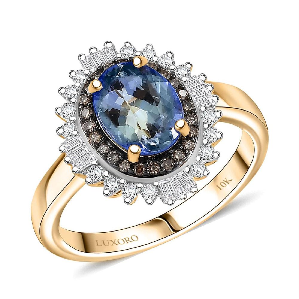 Luxoro 10K Yellow Gold AAA Peacock Tanzanite Natural Champagne and White Diamond (I2) Sunburst Ring 2.15 ctw