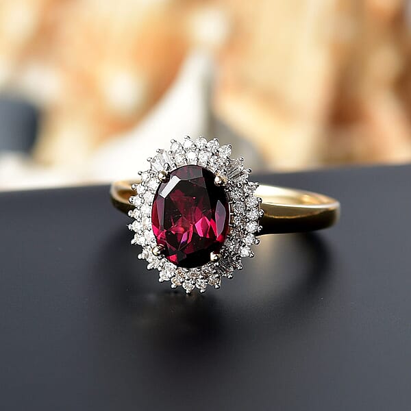 Luxoro 10K Yellow Gold AAA Radiant Ember Garnet Diamond (I2) (0.34 Cts) Ring 2.70 Ctw