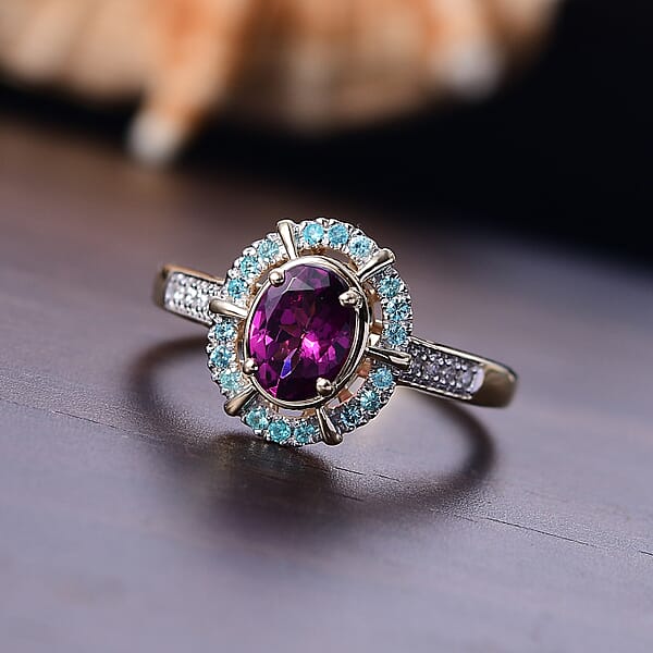 Luxoro 10K Yellow Gold AAA Radiant Ember Garnet Paraiba Tourmaline And Diamond (G-H I2) Ring 1.75 Ctw