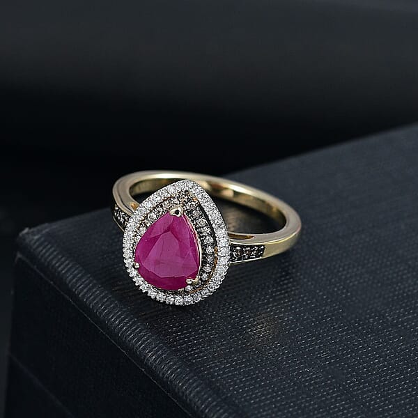 Luxoro 10K Yellow Gold AAA Royal Ruby Natural Champagne And White Diamond (I2) (0.34 Cts) Ring 2.50 Ctw