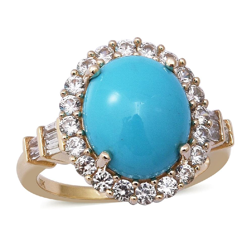 Luxoro 10K Yellow Gold AAA Sleeping Beauty Turquoise and White Zircon Halo Ring 5.65 ctw