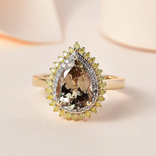 Luxoro 10K Yellow Gold AAA Turkizite Natural Yellow And White Diamond I3 Double Halo Ring 2.35 Ctw