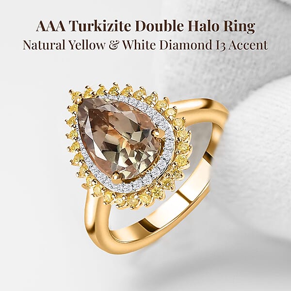 Luxoro 10K Yellow Gold AAA Turkizite Natural Yellow And White Diamond I3 Double Halo Ring 2.35 Ctw