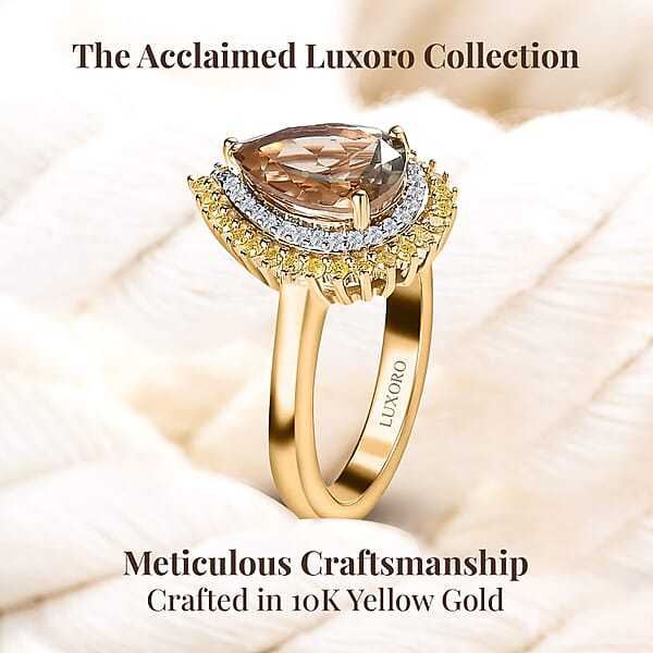 Luxoro 10K Yellow Gold AAA Turkizite Natural Yellow And White Diamond I3 Double Halo Ring 2.35 Ctw