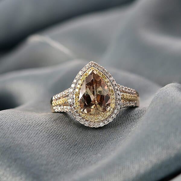 Luxoro 10K Yellow Gold AAA Turkizite Natural Yellow And White Diamond (I2) (0.33 Cts) Double Halo Ring (4.30 G) 2.85 Ctw