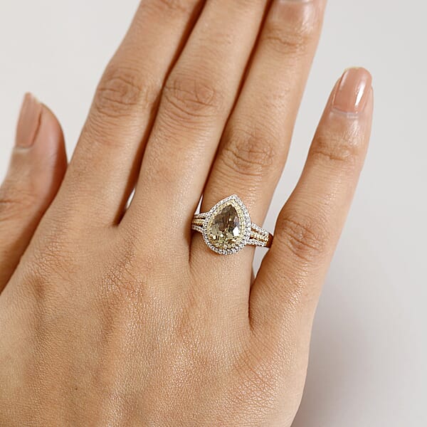Luxoro 10K Yellow Gold AAA Turkizite Natural Yellow And White Diamond (I2) (0.33 Cts) Double Halo Ring (4.30 G) 2.85 Ctw