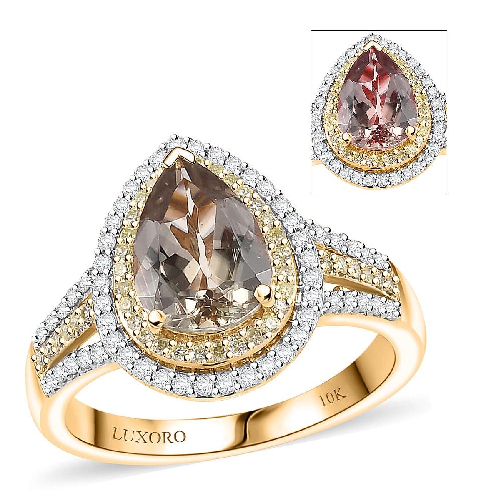 Luxoro 10K Yellow Gold AAA Turkizite Natural Yellow and White Diamond (I2) (0.33 cts) Double Halo Ring (4.30 g) 2.85 ctw