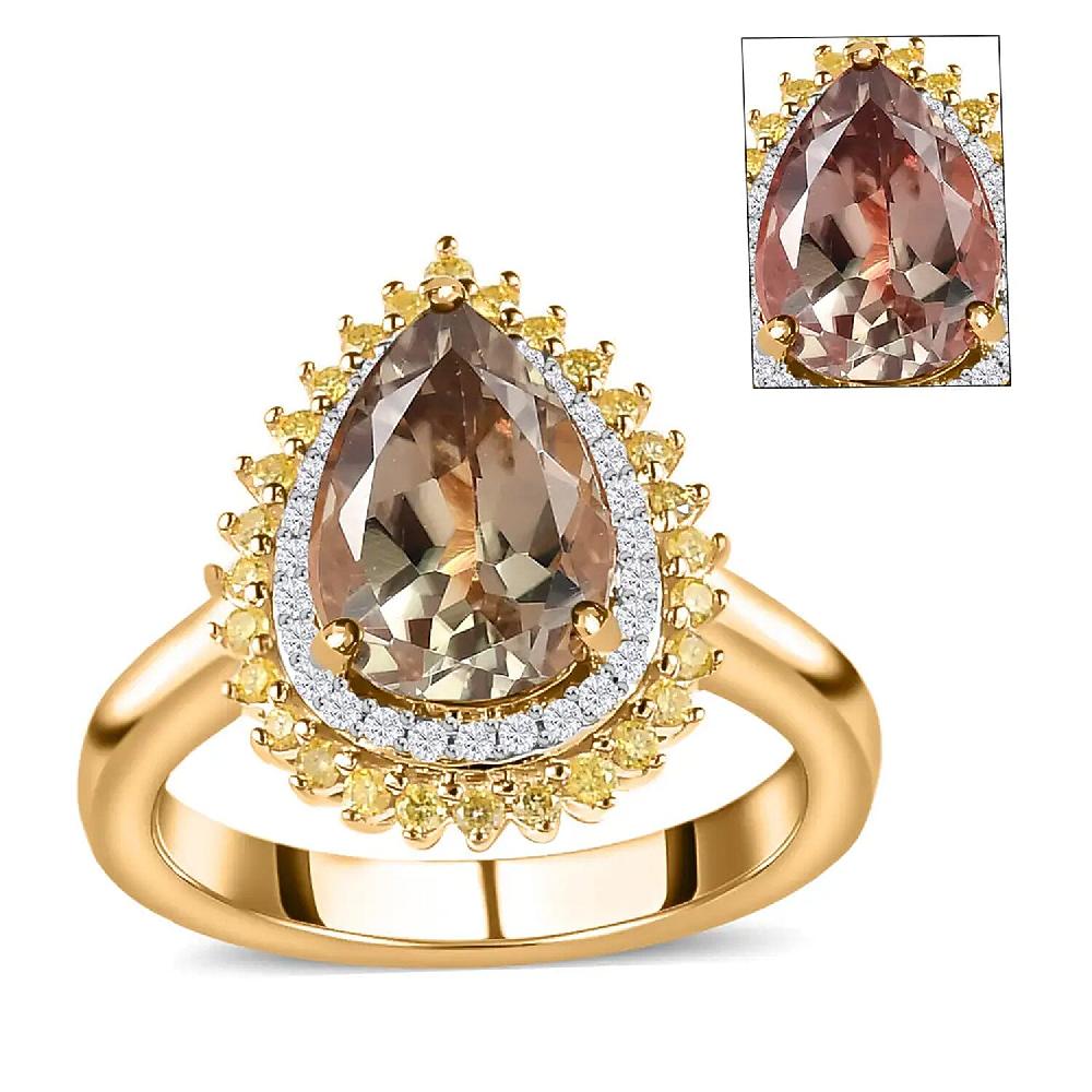 Luxoro 10K Yellow Gold AAA Turkizite Natural Yellow and White Diamond I3 Double Halo Ring 2.35 ctw