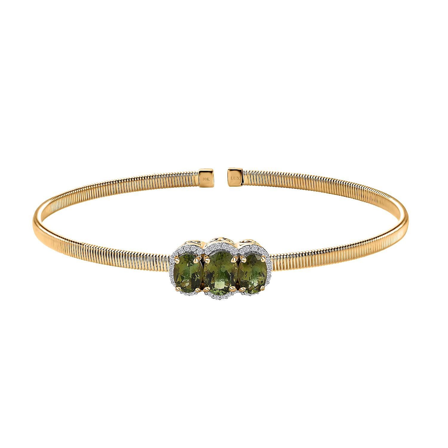 Luxoro 10K Yellow Gold Natural Calabar Green Tourmaline Diamond (G-H I2) (0.15 cts) Cuff Bracelet (7.25 In) (4.15 g) 2.35 ctw