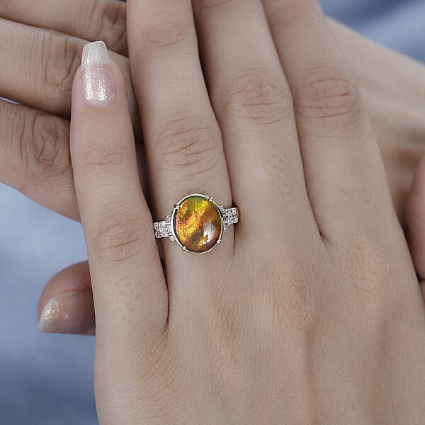 Luxoro 10K Yellow Gold Premium Canadian Ammolite And G-H I2 Diamond Ring 4 Grams 0.11 Ctw