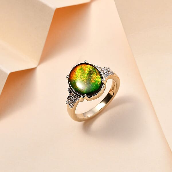 Luxoro 10K Yellow Gold Premium Canadian Ammolite And G-H I2 Diamond Ring 4 Grams 0.11 Ctw