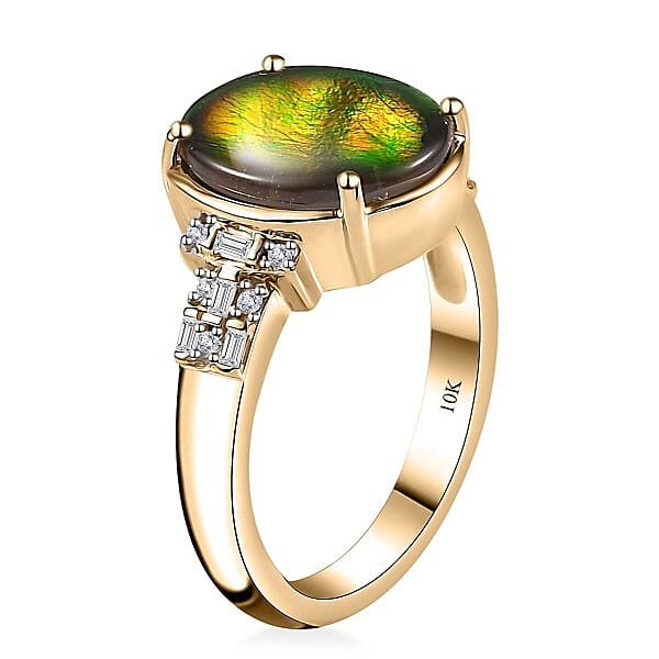 Luxoro 10K Yellow Gold Premium Canadian Ammolite And G-H I2 Diamond Ring 4 Grams 0.11 Ctw