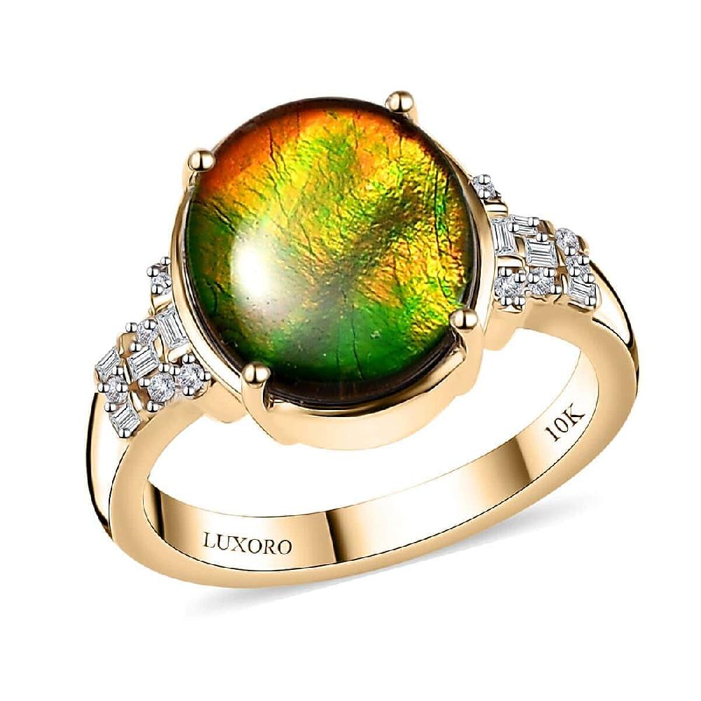 Luxoro 10K Yellow Gold Premium Canadian Ammolite and G-H I2 Diamond Ring 4 Grams 0.11 ctw
