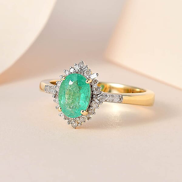 Luxoro 10K Yellow Gold Premium Ethiopian Emerald And G-H I3 Diamond Halo Ring 1.40 Ctw