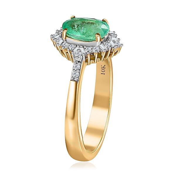 Luxoro 10K Yellow Gold Premium Ethiopian Emerald And G-H I3 Diamond Halo Ring 1.40 Ctw