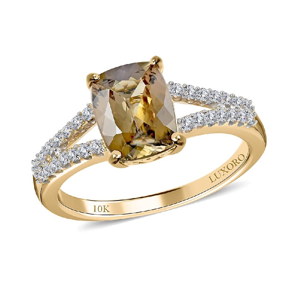 Luxoro 10K Yellow Gold Premium Golden Tanzanite and G-H I3 Diamond Ring 2.10 ctw