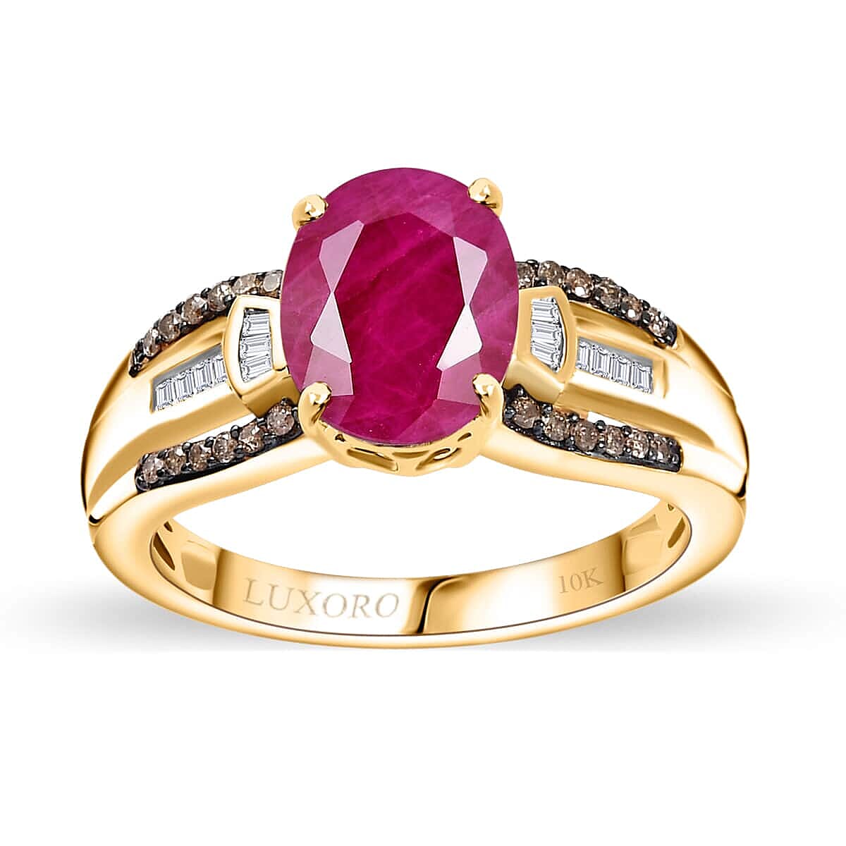 Luxoro 10K Yellow Gold Premium Montepuez Ruby and Natural Champagne and White Diamond Ring 2.60 ctw