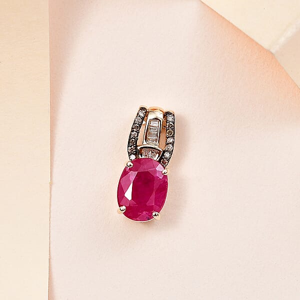 Luxoro 10K Yellow Gold Premium Montepuez Ruby Natural Champagne And White Diamond Pendant Without Chain 2.20 Ctw