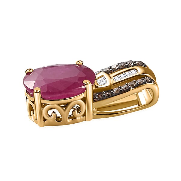 Luxoro 10K Yellow Gold Premium Montepuez Ruby Natural Champagne And White Diamond Pendant Without Chain 2.20 Ctw