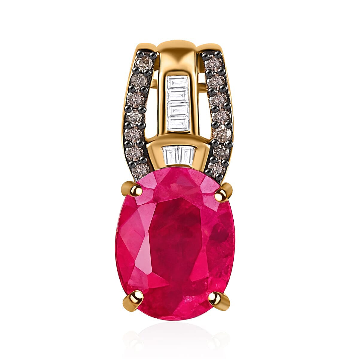 Luxoro 10K Yellow Gold Premium Montepuez Ruby Natural Champagne and White Diamond Pendant without Chain 2.20 ctw