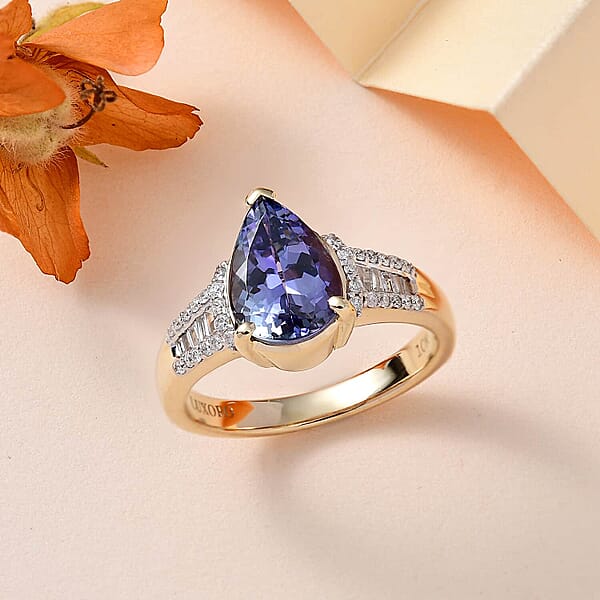 Luxoro 10K Yellow Gold Premium Peacock Tanzanite And G-H I2 Diamond Ring 4.10 Grams 2.35 Ctw