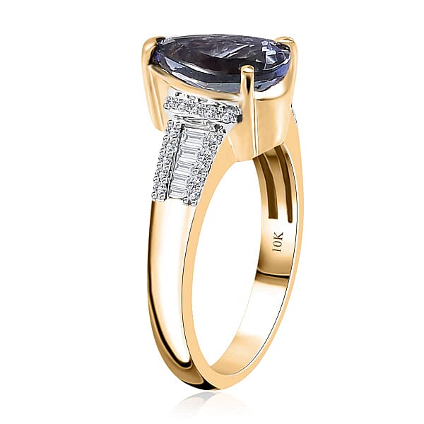 Luxoro 10K Yellow Gold Premium Peacock Tanzanite And G-H I2 Diamond Ring 4.10 Grams 2.35 Ctw
