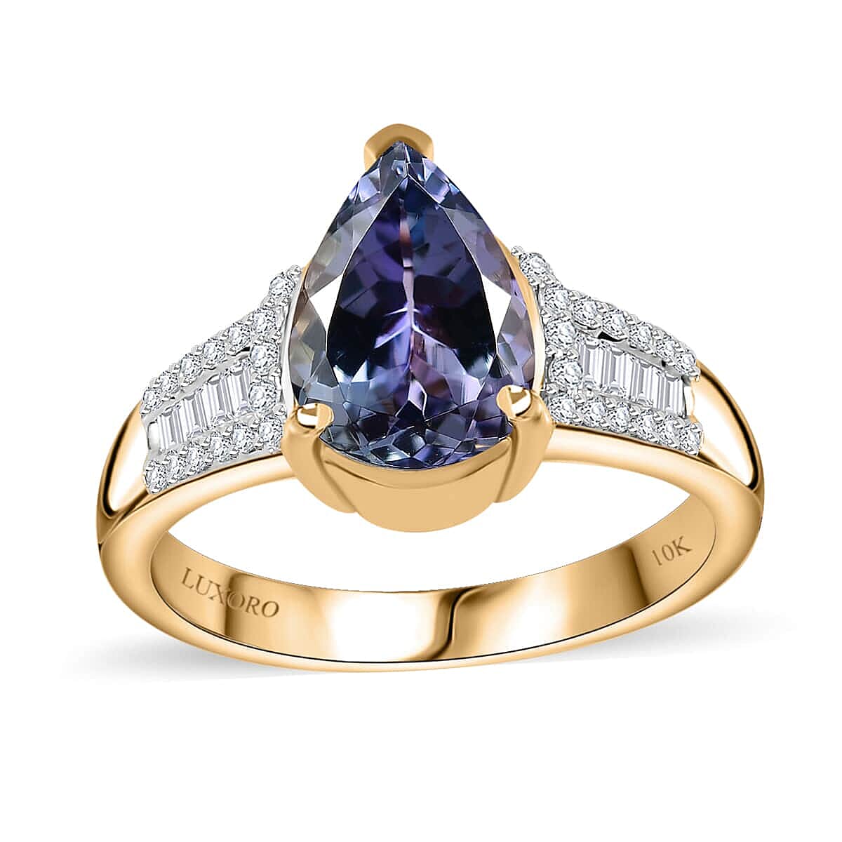 Luxoro 10K Yellow Gold Premium Peacock Tanzanite and G-H I2 Diamond Ring 4.10 Grams 2.35 ctw