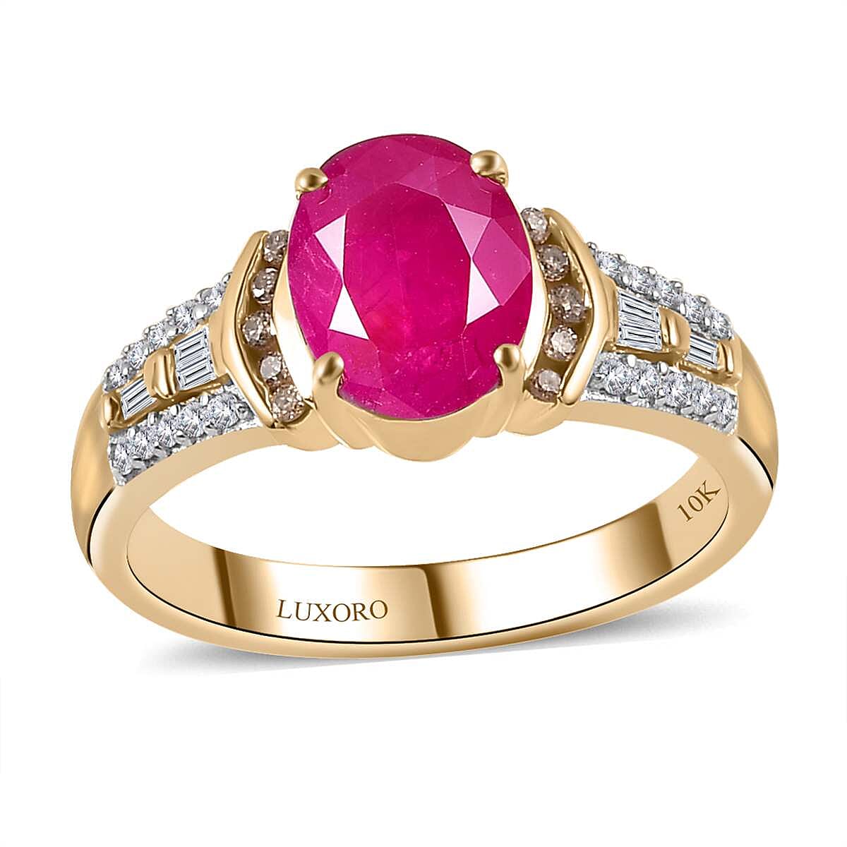 Luxoro 10K Yellow Gold Premium Royal Ruby Natural Champagne and White Diamond Ring 2.85 ctw