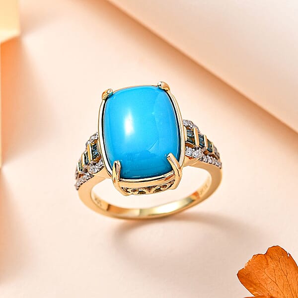 Luxoro 10K Yellow Gold Premium Sleeping Beauty Turquoise G-H I2 Blue And White Diamond Ring 4.25 Grams 5.50 Ctw