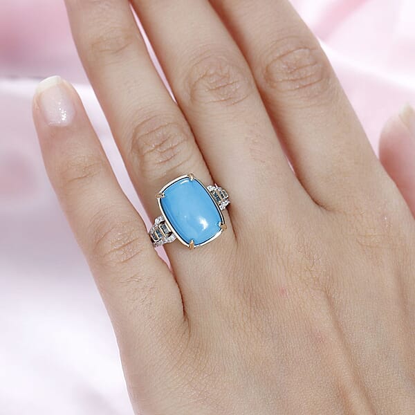 Luxoro 10K Yellow Gold Premium Sleeping Beauty Turquoise G-H I2 Blue And White Diamond Ring 4.25 Grams 5.50 Ctw