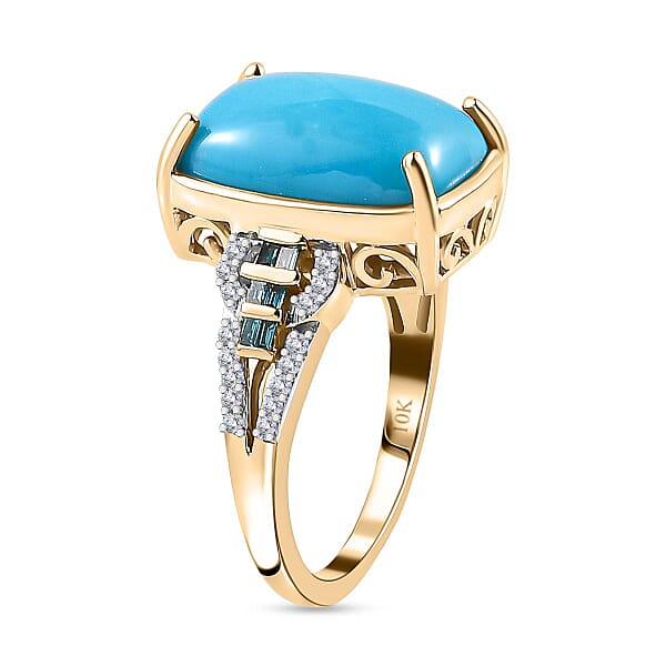 Luxoro 10K Yellow Gold Premium Sleeping Beauty Turquoise G-H I2 Blue And White Diamond Ring 4.25 Grams 5.50 Ctw
