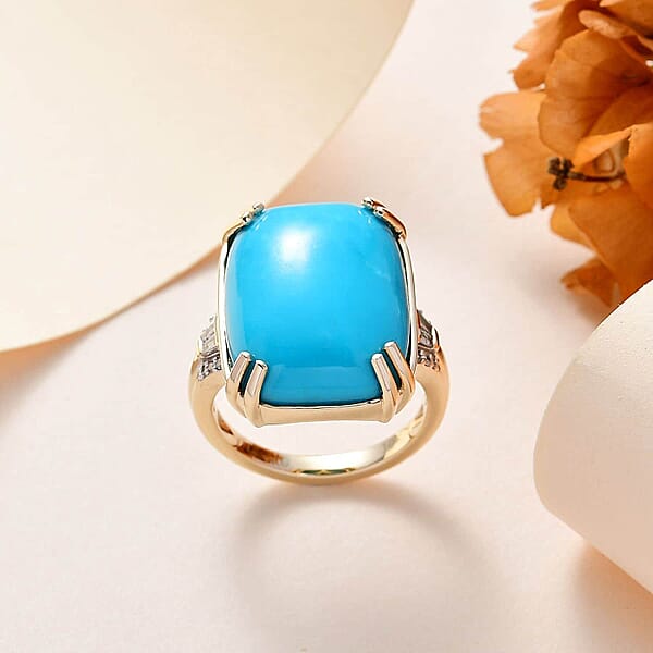 Luxoro 10K Yellow Gold Premium Sleeping Beauty Turquoise And G-H I2 Diamond Ring 4.65 Grams 14.85 Ctw