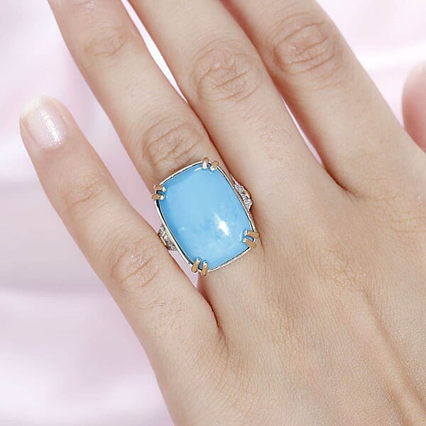 Luxoro 10K Yellow Gold Premium Sleeping Beauty Turquoise And G-H I2 Diamond Ring 4.65 Grams 14.85 Ctw