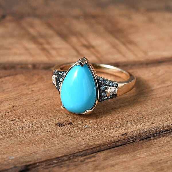 Luxoro 10K Yellow Gold Premium Sleeping Beauty Turquoise G-H I2 Blue And White Diamond Ring 3.85 Ctw