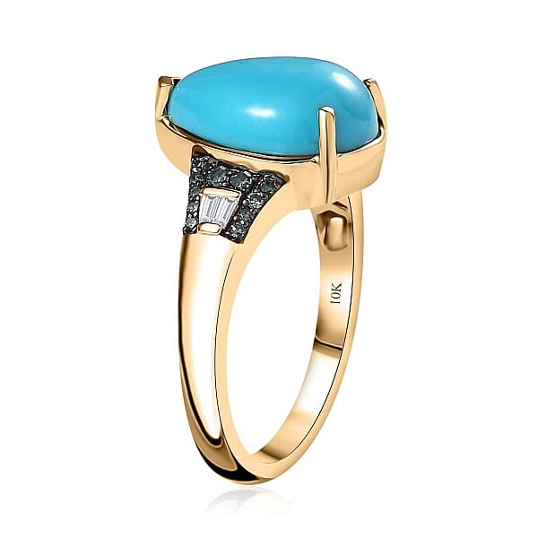 Luxoro 10K Yellow Gold Premium Sleeping Beauty Turquoise G-H I2 Blue And White Diamond Ring 3.85 Ctw