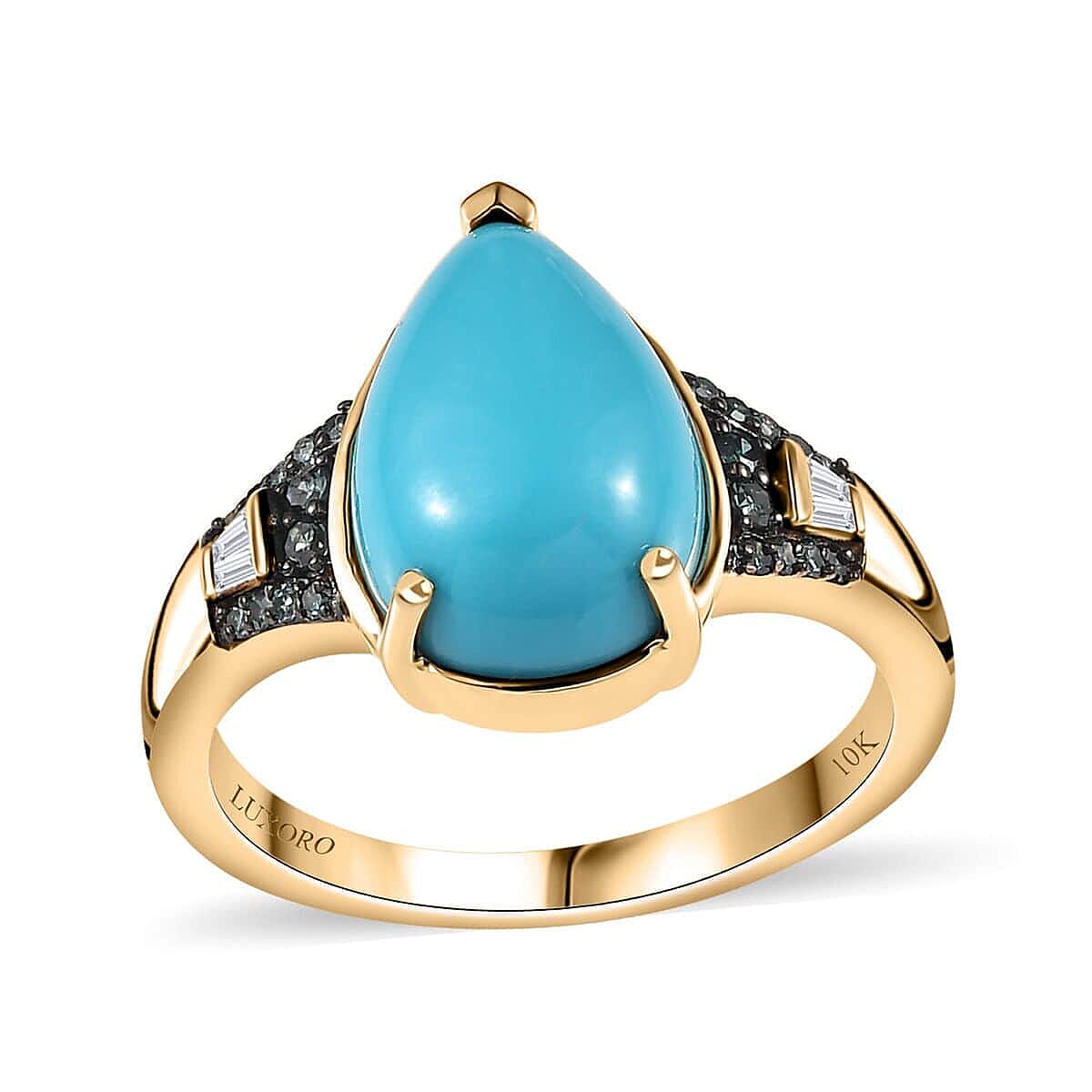 Luxoro 10K Yellow Gold Premium Sleeping Beauty Turquoise G-H I2 Blue and White Diamond Ring 3.85 ctw