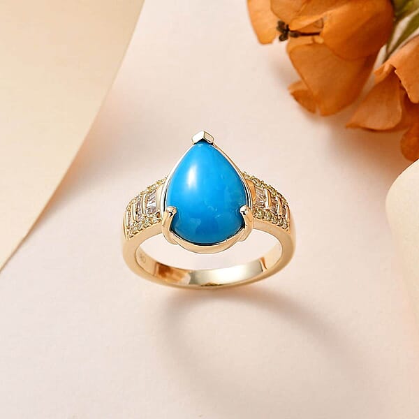 Luxoro 10K Yellow Gold Premium Sleeping Beauty Turquoise I2 Natural Yellow And White Diamond Ring 5.25 Grams 4.75 Ctw