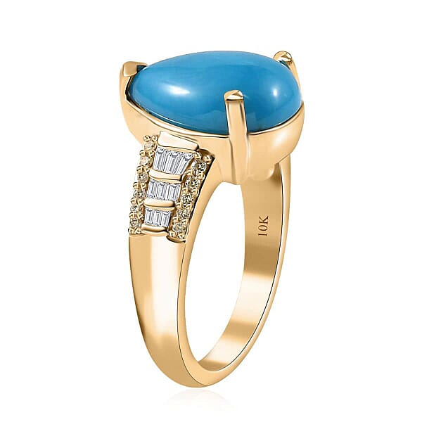 Luxoro 10K Yellow Gold Premium Sleeping Beauty Turquoise I2 Natural Yellow And White Diamond Ring 5.25 Grams 4.75 Ctw