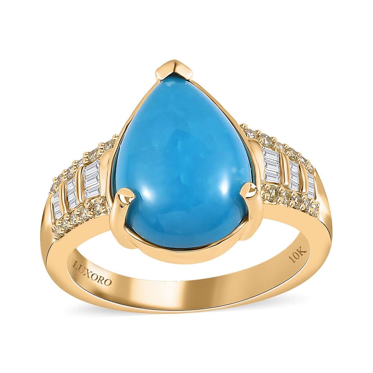 Luxoro 10K Yellow Gold Premium Sleeping Beauty Turquoise I2 Natural Yellow and White Diamond Ring 5.25 Grams 4.75 ctw