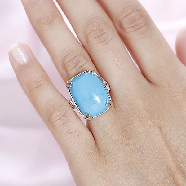 Luxoro 10K Yellow Gold Premium Sleeping Beauty Turquoise And G-H I2 Diamond Ring 4.65 Grams 14.85 Ctw
